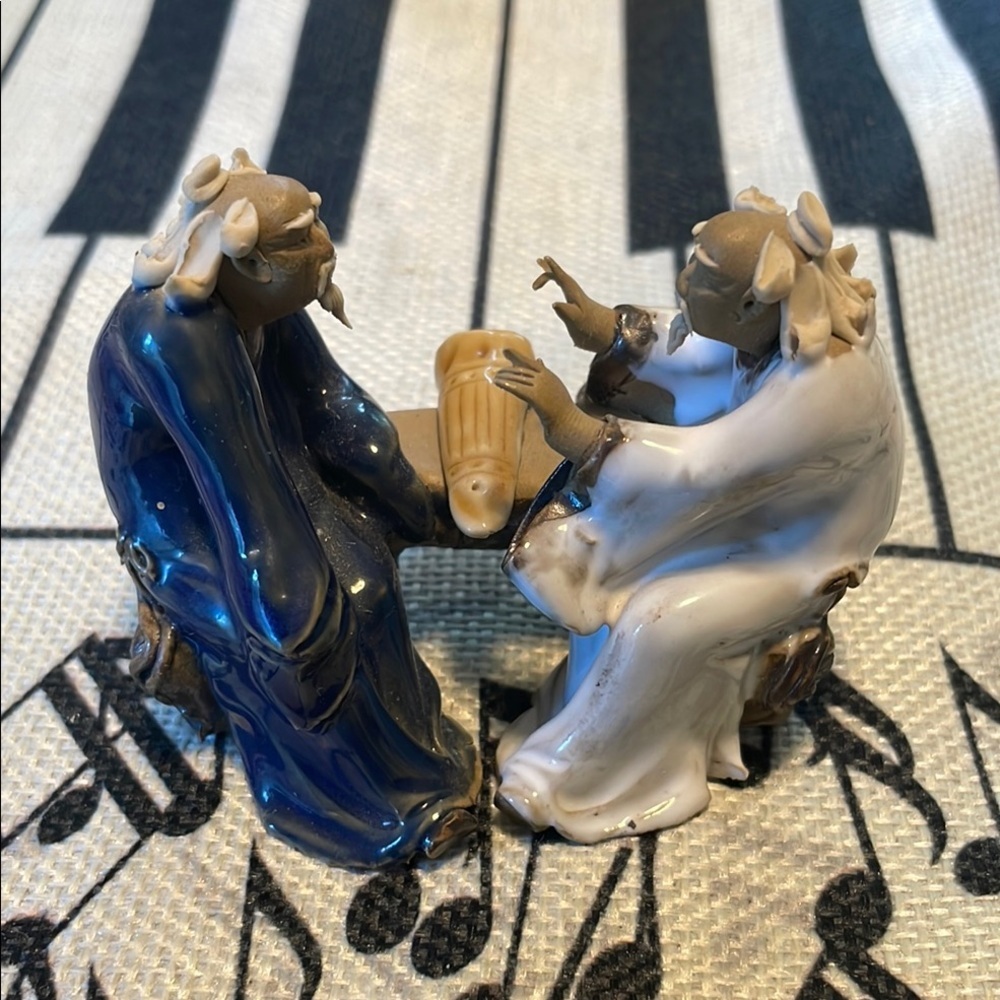 Vintage Chinese Mudmen Hand Sculpture 2 Men Ceramic Art Miniature Figurines